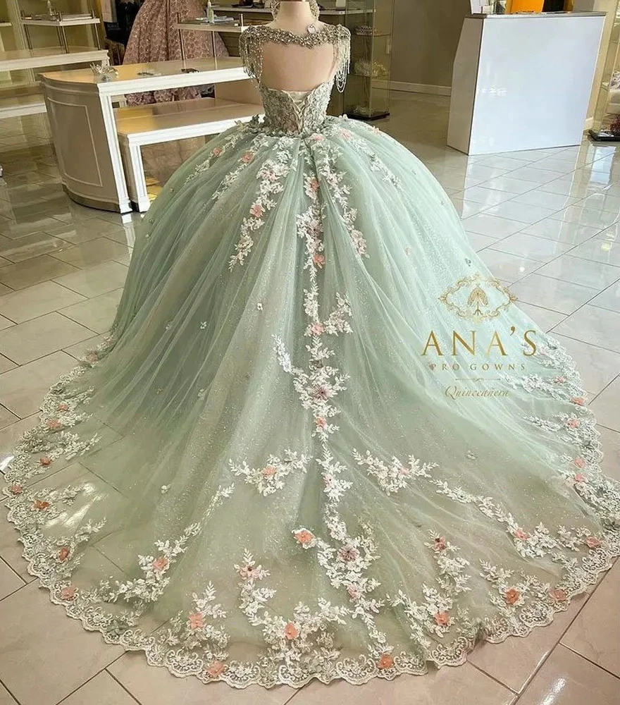 Verde menta charo Quinceanera abiti Ball Gown Sweetheart Tulle Appliques in rilievo messicano dolce 16 abiti 15 Anos