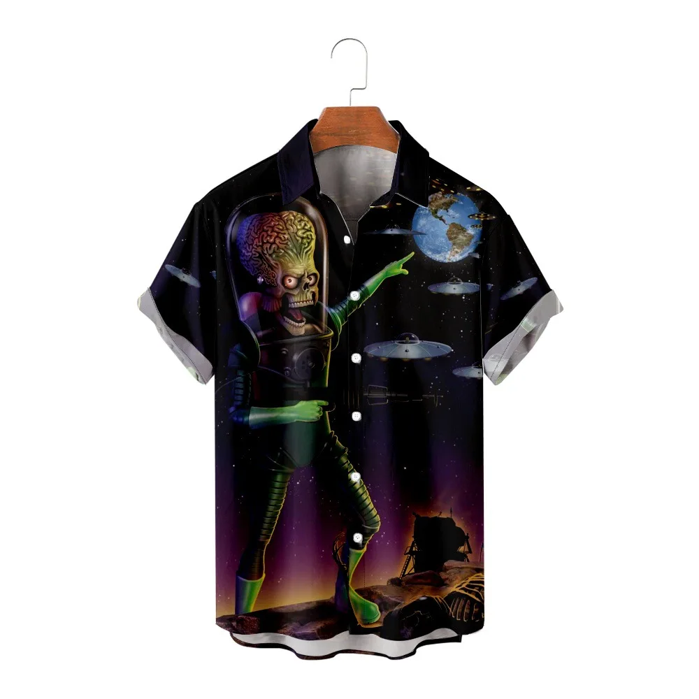 4XL Men\'s Hawaiian Shirt Loose Top Alien Print Fashion Shirt Lapel Breathable Summer Short Sleeve