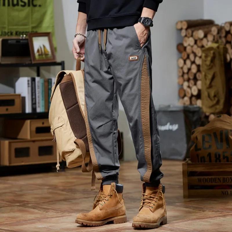 Stitching fashion brand Summer 2024 new casual pants men's thin elastic breathable ankle-tied retro American sports sweatpants