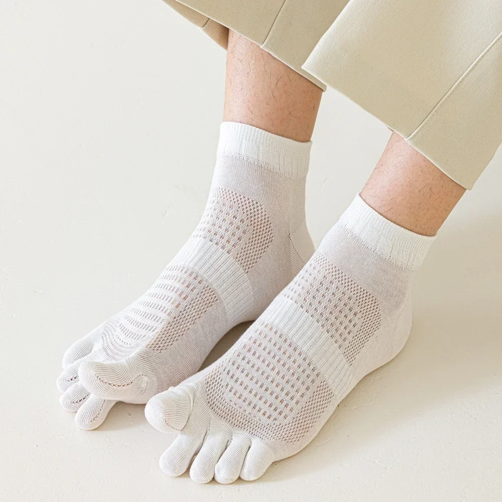 5 Pairs Summer Mesh Toe Socks Men 7A Antimicrobial Five Finger Socks High Quality Cotton Athletic Ankle Socks Non-slip