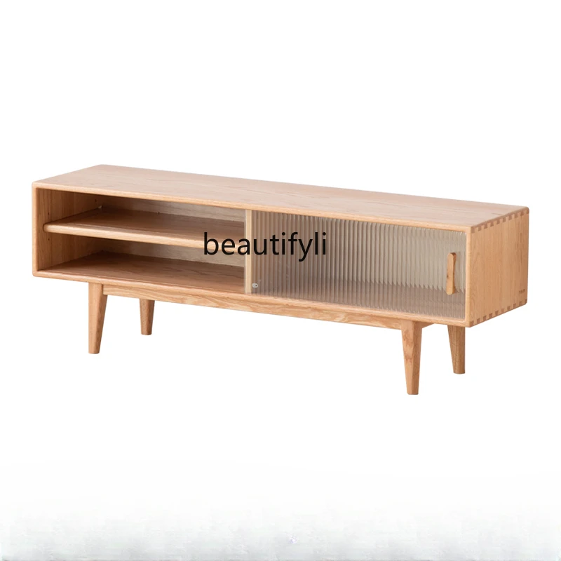 

Nordic Solid Wood TV Cabinet Simple Oak Glass Sliding Door Floor Cabinet Narrow Cabinet with Drawer Locker