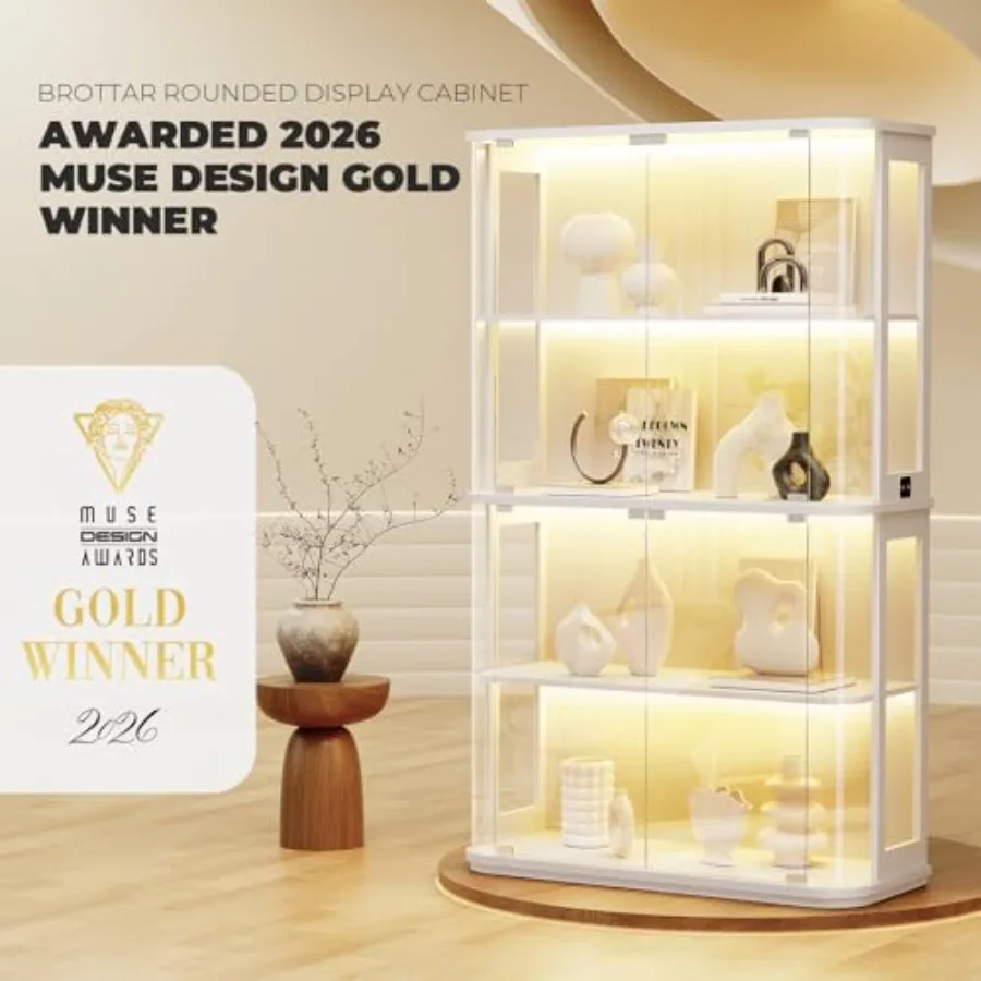 Rounded display cabinet for retail use, tempered glass door with LED lights, white finish, energy-efficient illumination and mo view 3