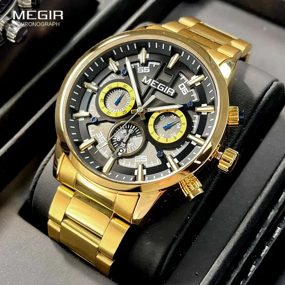 MEGIR Gold Dress Watch for Men Stainless Steel Strap Luminous Hands Waterproof Sport Wristwatch with Chronograph Date 24-hour