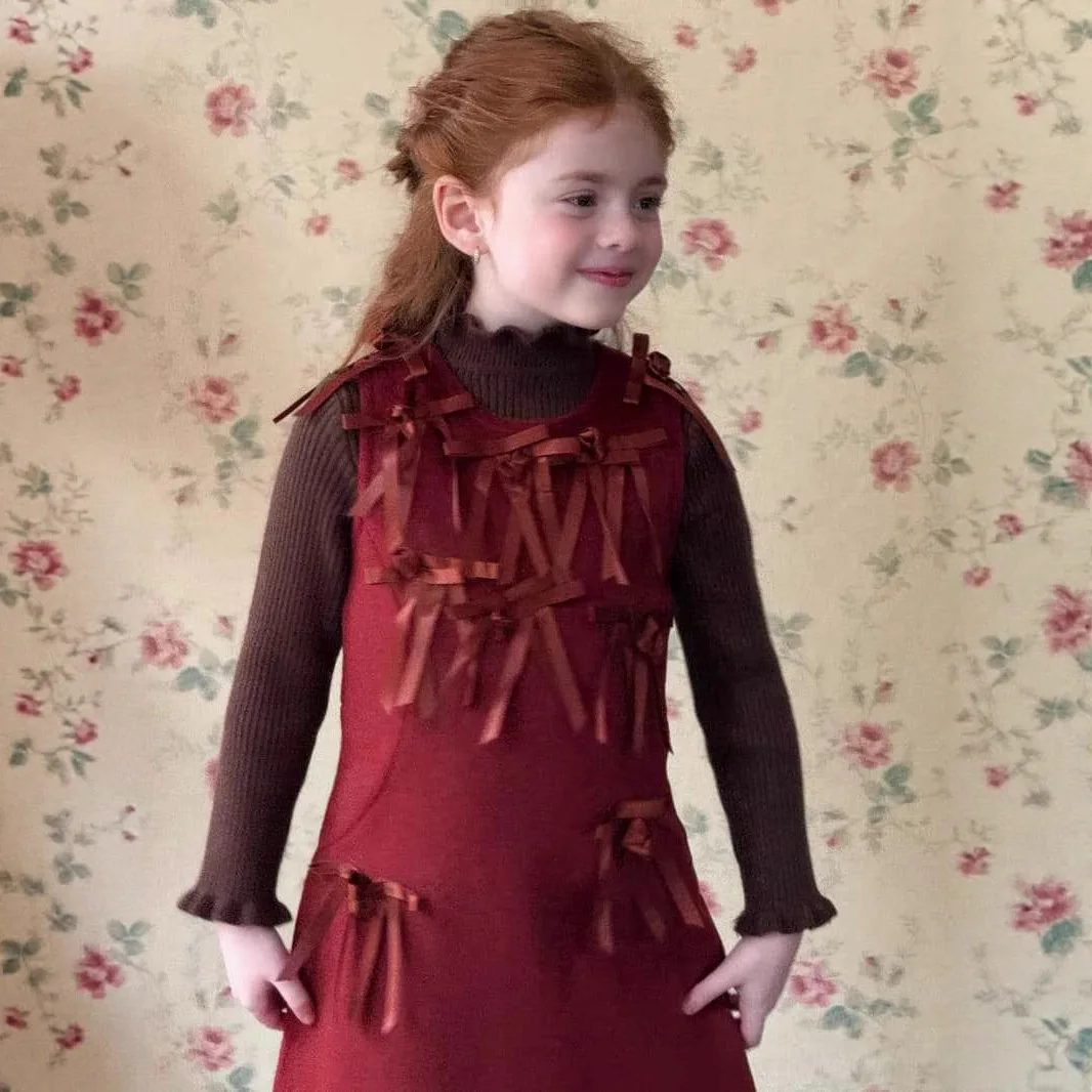 2025 خريف شتاء جديد الكورية الفتيات الصوفية القوس سترة تنورة الفتيات المخملية ملابس السنة الجديدة فستان