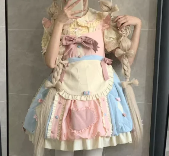 Vestido con tirantes y lazo de Lolita para chica, dulce diario, con cuello cuadrado, a la moda, de cintura alta, corte en A, versátil, con volantes reductores de edad