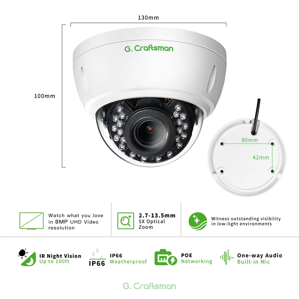 G.Craftsman 5X Zoom POE 8MP IR Night Vision Security CCTV H.265 Audio Video Surveillance