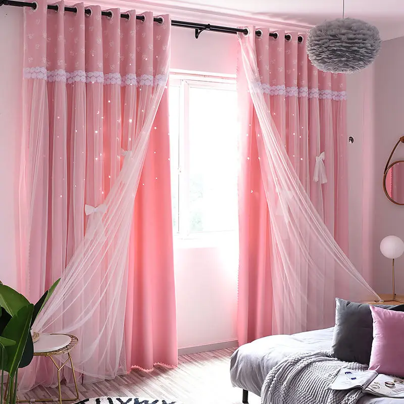 Korean Style Lace Double Layered Curtain Princess Style Nordic Minimalist Hollow Star Children's Room Curtain