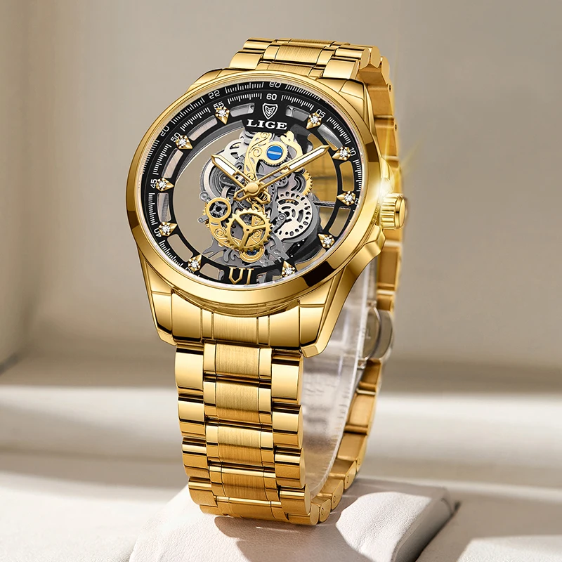 LIGE New Men Watches Skeleton Quartz Wristwatch Gold Skeleton Retro Watch For Man Top Brand Luxury Clock Mens Watch Reloj Hombre