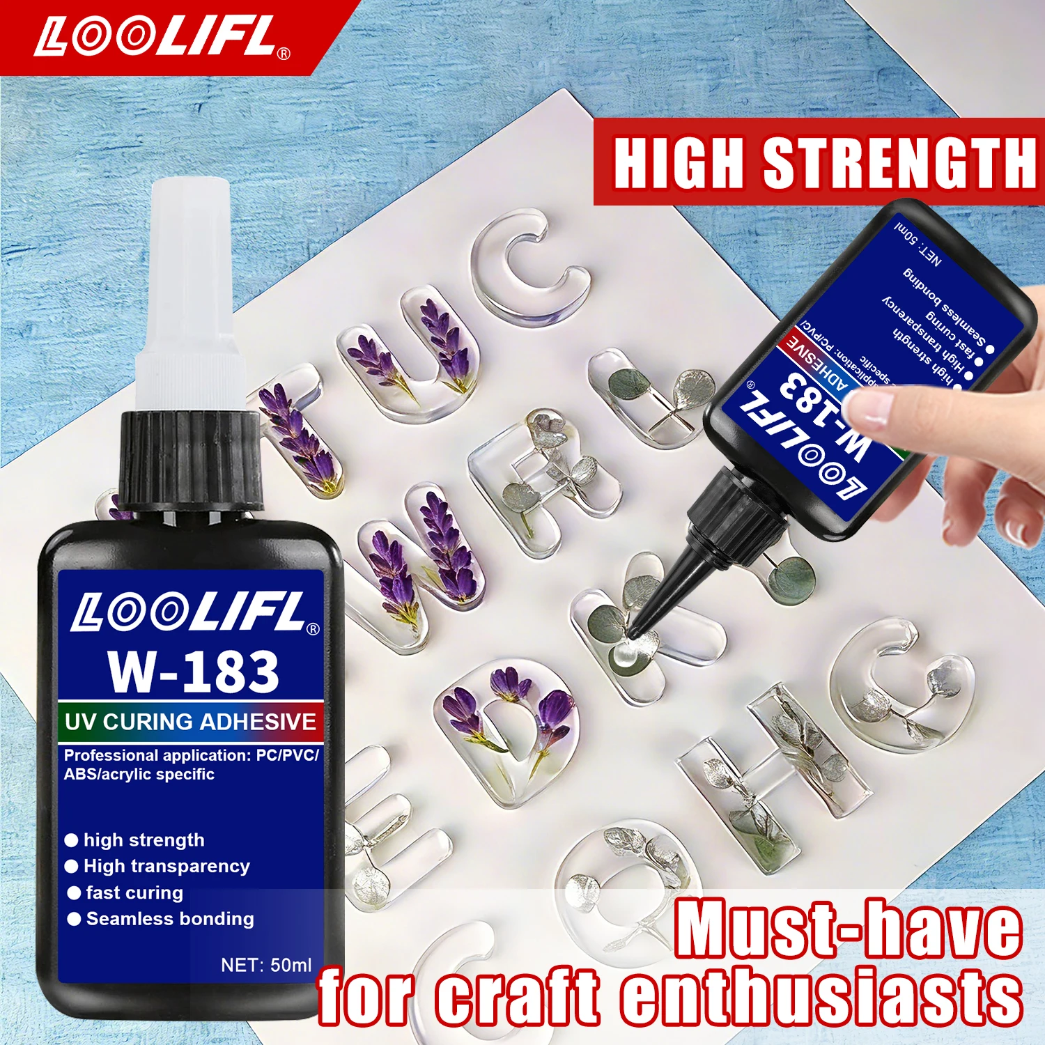 

LOOLIFL 183UV УФ-отверждаемый клей 50 мл, быстросохнущий, прозрачный, для бесшовного склеивания акрила, рукоделия, DIY, изготовления украшений из смолы, букв