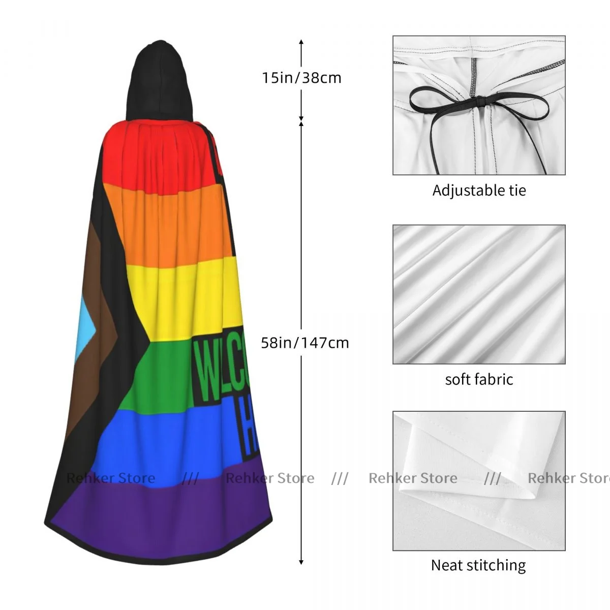 Adult Halloween Pride Flag Rainbow Cloak Cape Hooded Medieval Costume Full Length Dress Coat