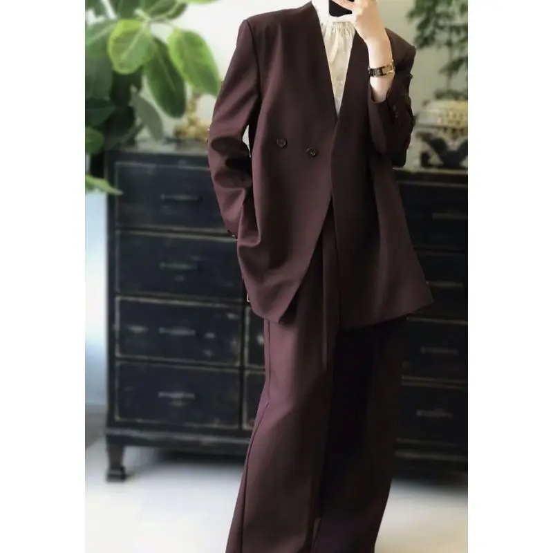 Eeonovni moda vermelha feminina conjunto de duas peças com decote em v duplo botão blazer casaco + calças compridas senhora do escritório elegante 2025 novas roupas