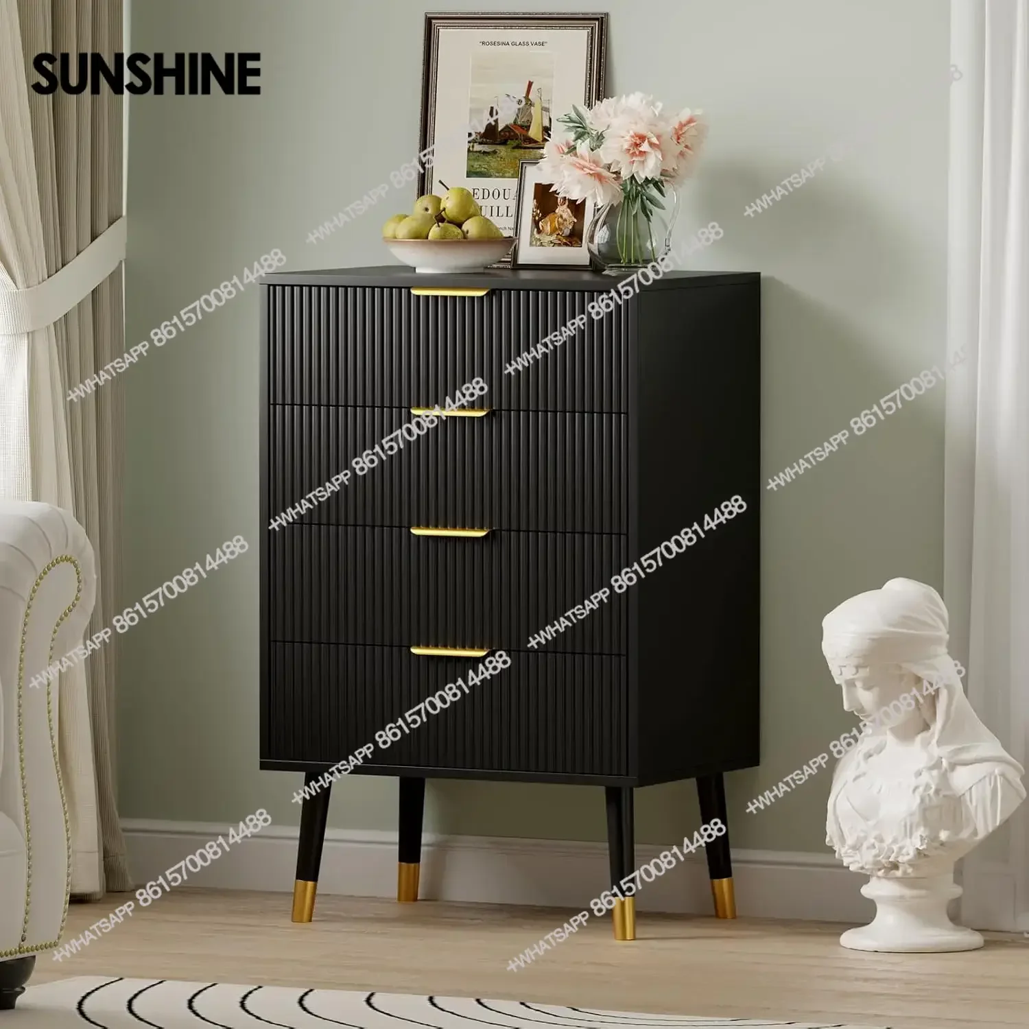 

High QualityNordic luxury Wooden Fluted 4 Drawer Dresser Black With Gold Metal Handles, Small Storage Chest Cabinet