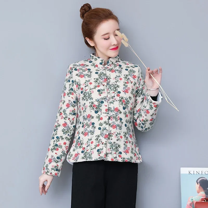 Floral warm cheongsam top mandarin collar Tang suit print cotton coats 2020 winter Oriental Chinese style clothing women 11899