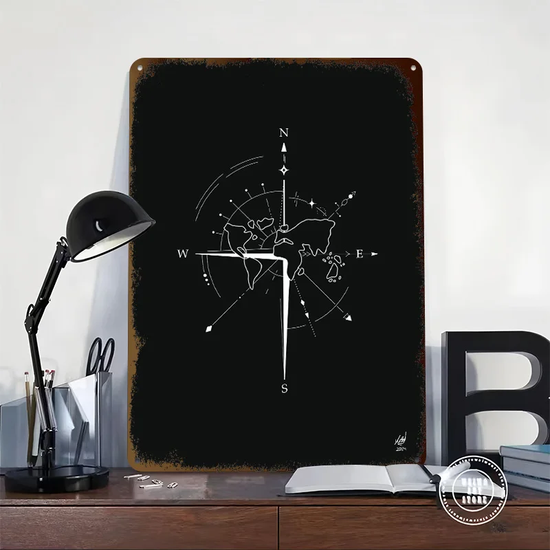 World Compass Minimalist Art Tinplate Posters Customizable Wall Art Retro Vintage Metal Signs for Home Room Office Decoration