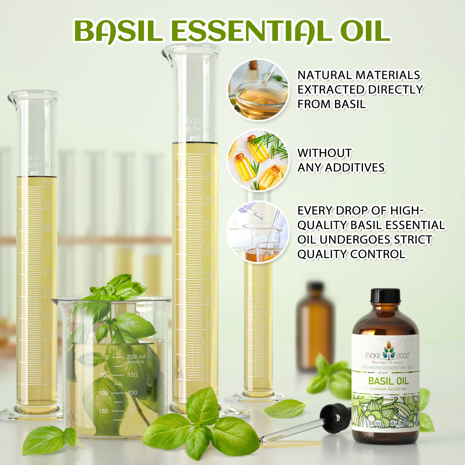 EVOKE OCCU Basil Essential Oils, 118ML/4 Fl.Oz. Premium Plant Oil for Diffuser, Candle Soap Making, Skin, Hair, Massage, Energy,