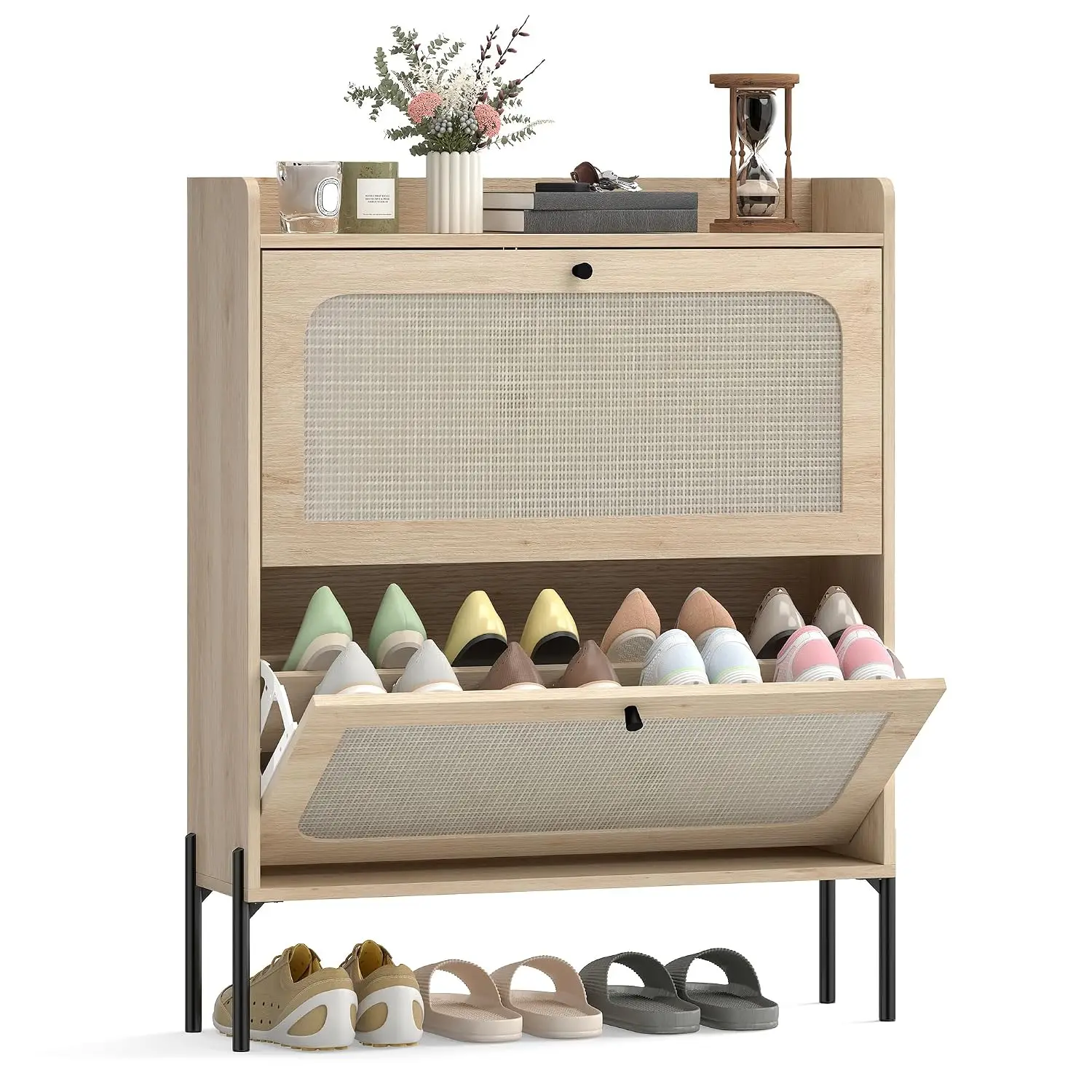 Shoe Cabinet 2 Flip Drawers Rattan Doors Hallway Oak, Customized