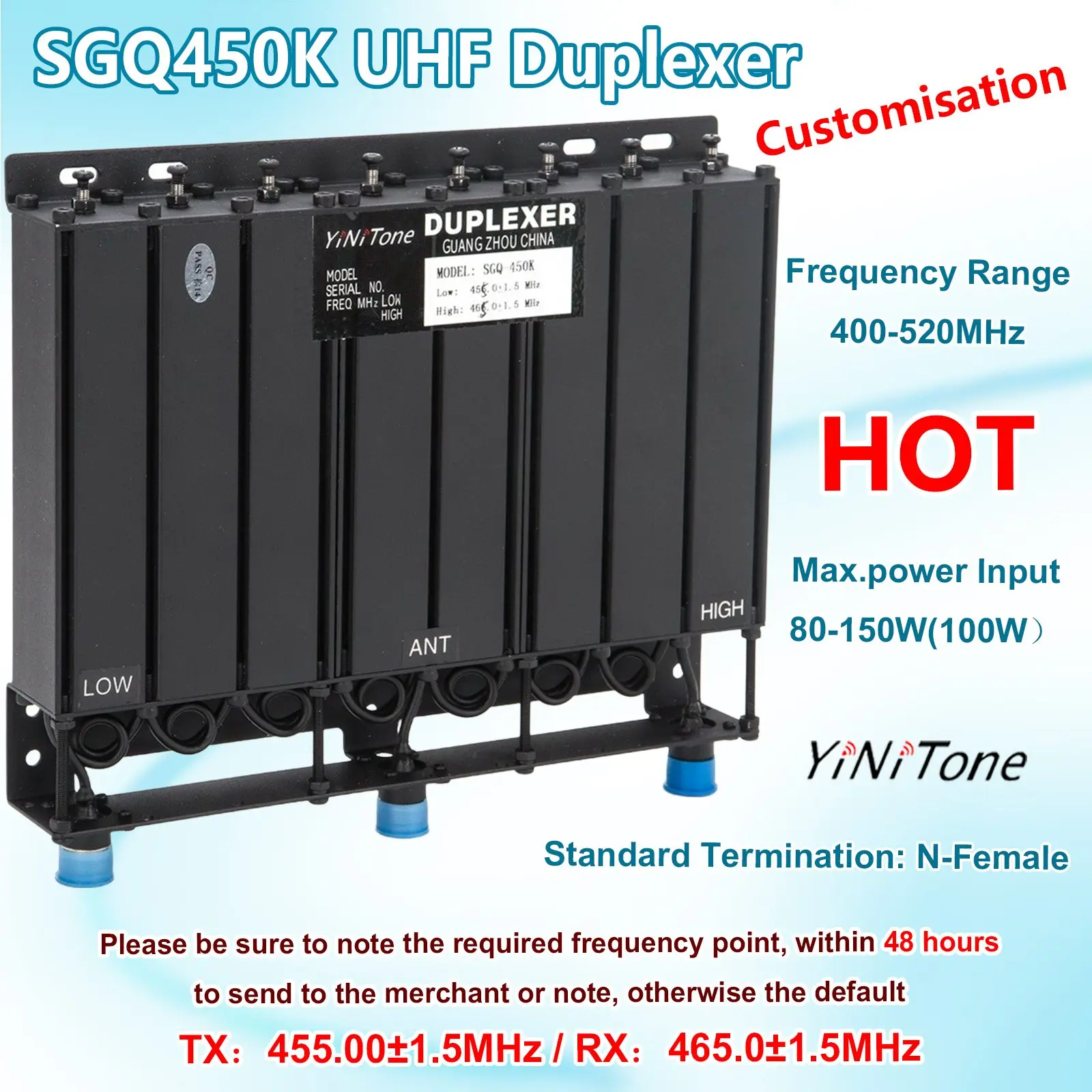 

SGQ-450K UHF 400-520MHz 100W Portable Duplexer for two way radio repeater N-Female customizable frequency walkie-talkie Duplex