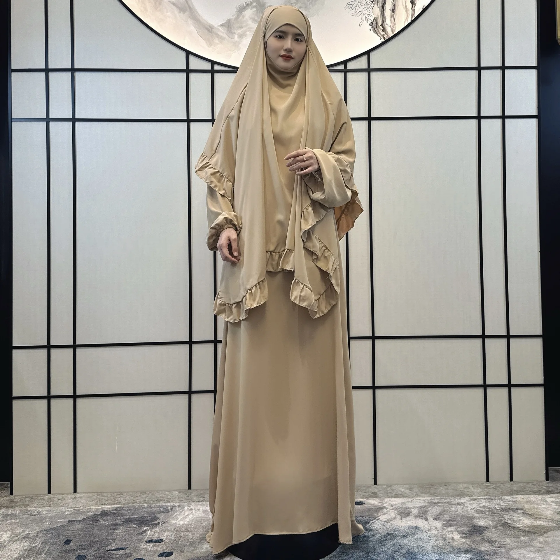 Abaya Khimar Set Muslim Women, Prayer Garment, Ruffles Hijab Scarf, Islamic Clothing, Dubai Turkish Hijabi Robe, Ramadan, Jilbab