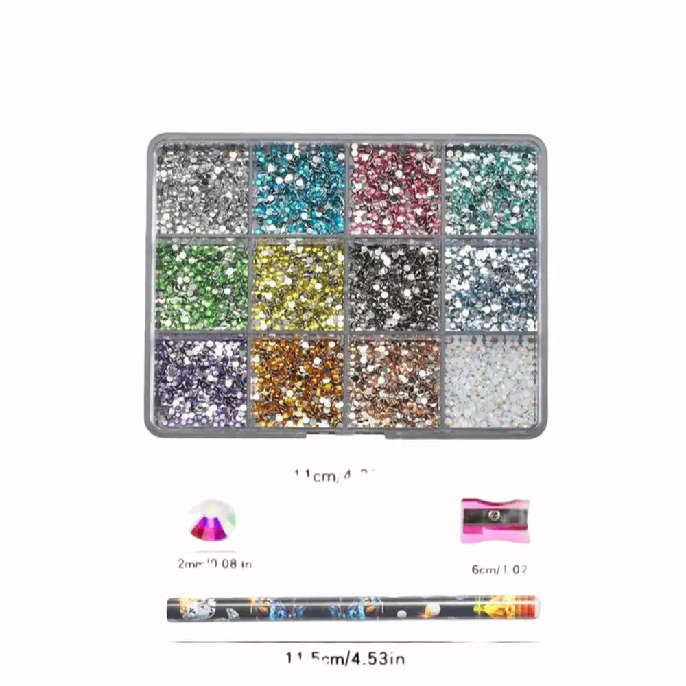 12 Siatek Kolorowych Okrągłych Cyrkonii do Paznokci 3D 2mm z Płaskim Spodem z Żywicy, Diamentowe Ozdoby do Paznokci & 1 szt. Szlifierka do Paznokci + Ostrzałka, Akcesoria do Paznokci
