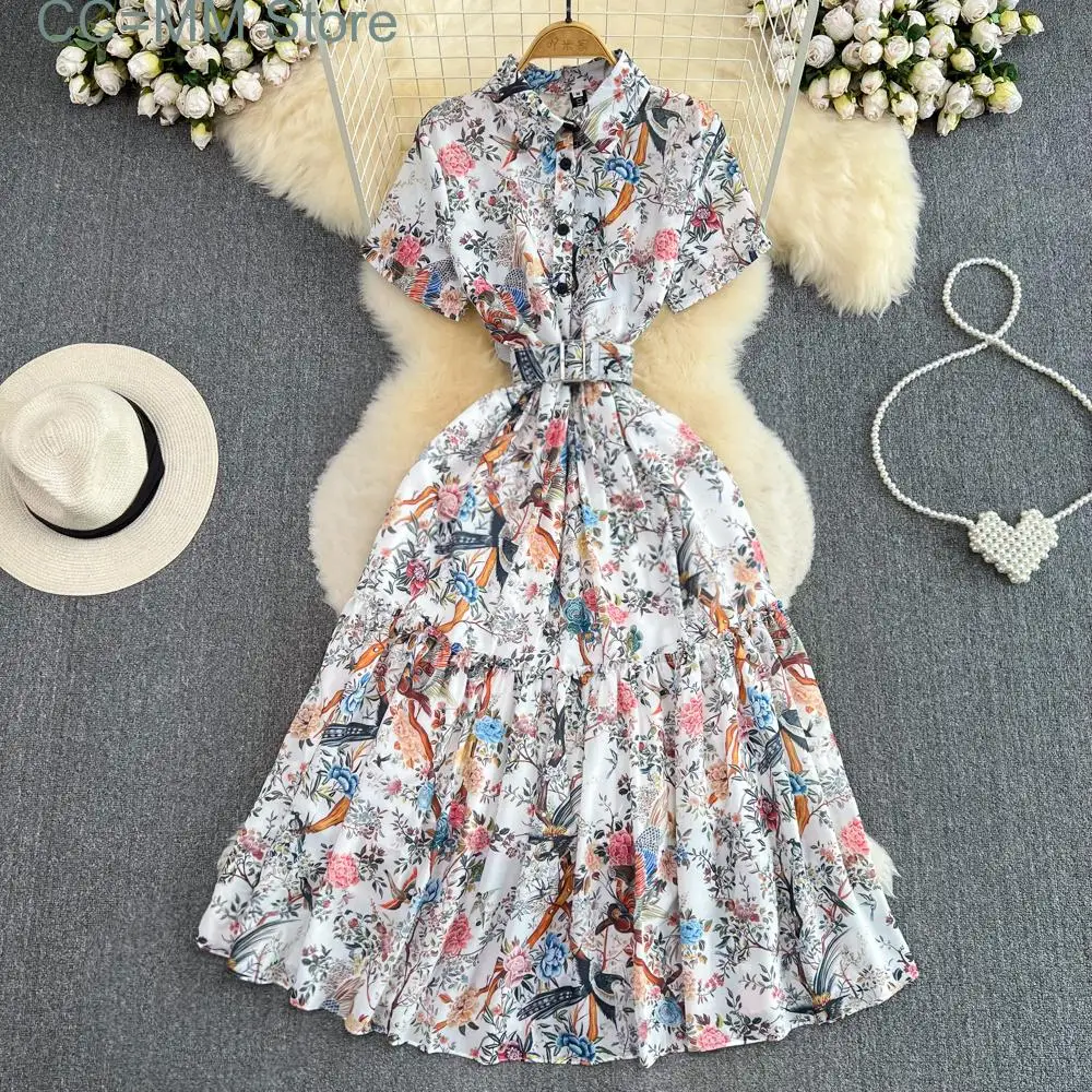 

New Sweet Style Long Dresse For Women Short Sleeve Lapel Print A-line High Waist Dresses Spring Summer