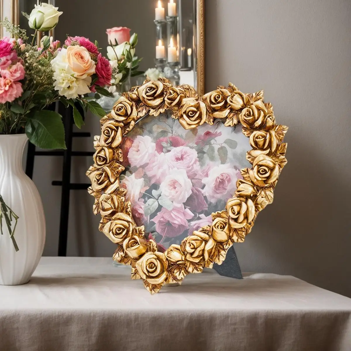4-inch Engraved Photo Frame - Gold Rose Heart-shaped Frame - Sign-in Table - Wedding Room Atmosphere Decoration Display Stand