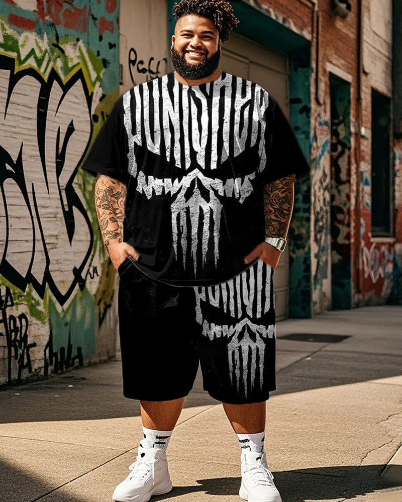 

S-9XL Large Size Men's Suit - Dark Personalized Skull Short-sleeved T-shirt Shorts Two-piece Set