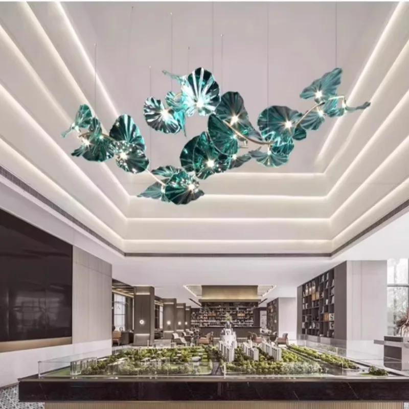 Green Glass Leaf Crystal Hanging Chandelier For Hotel Lobby Loft Living Dining Room Kitchen Island Nordic Lotus Leaf Chandeliers