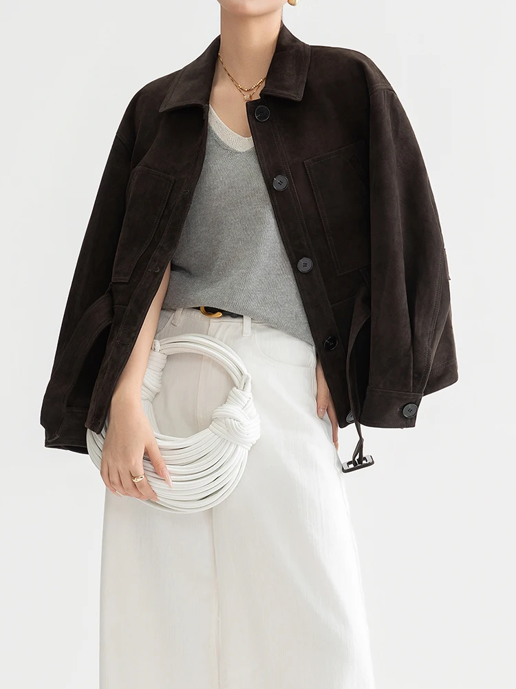 Giacche vintage in vera pelle scamosciata per donna Primavera Autunno 2025 Nuovo cappotto di alta qualità semplice sottile corto in vera pelle di pecora con cintura