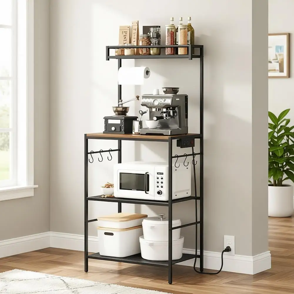 

Кухонная полка для хранения с подставкой для микроволновки и держателем для бумаг, в стиле рустик, коричнево-черная