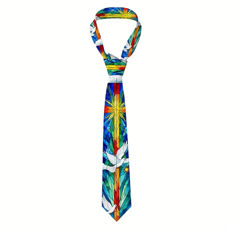

Blue And Colorful Necktie Featuring a Religious Cross And Dove Design, Made of Woven. Ideal for Parties, Holidays
