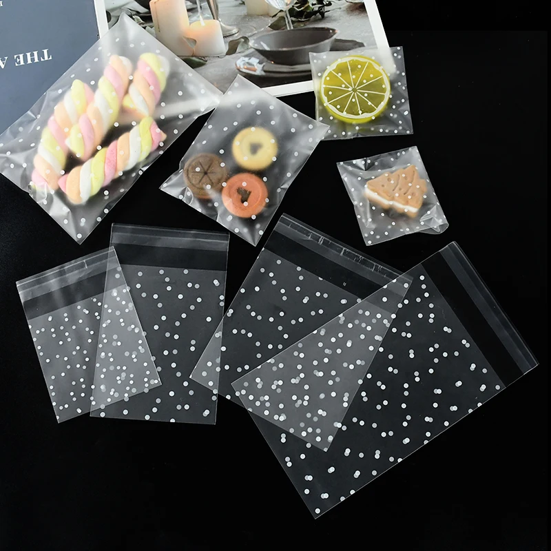 100pcs Plastic Transparent Candy Bag Polka Dot Cellophane Candy Cookie Gift Bags DIY Self Adhesive Pouch Wedding Birthday Decor