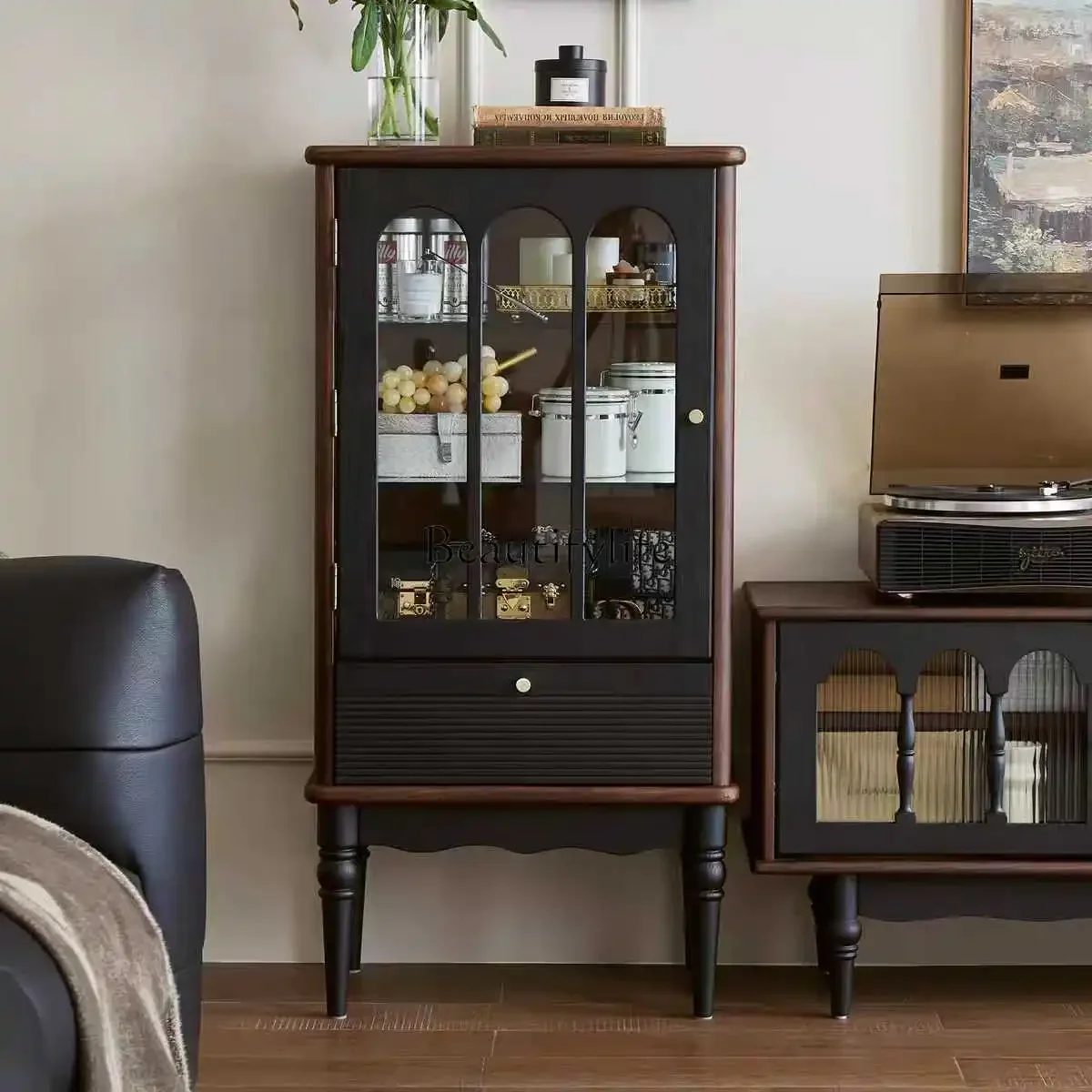 

Z.American retro glass door solid wood wine cabinet living room home French locker