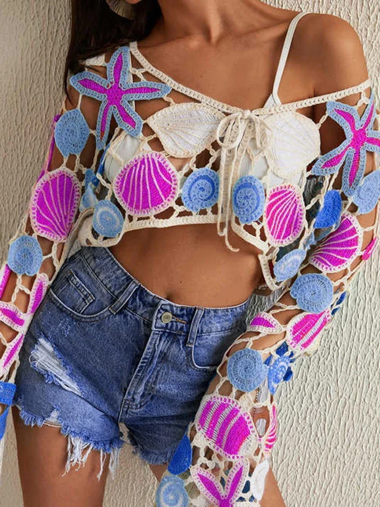 Women Sexy V-neck Long Sleeve Breathable Beachwear Elegant Cutout Sun Protective Blouse  Bohemian Ethnic Style Print Knitted Top