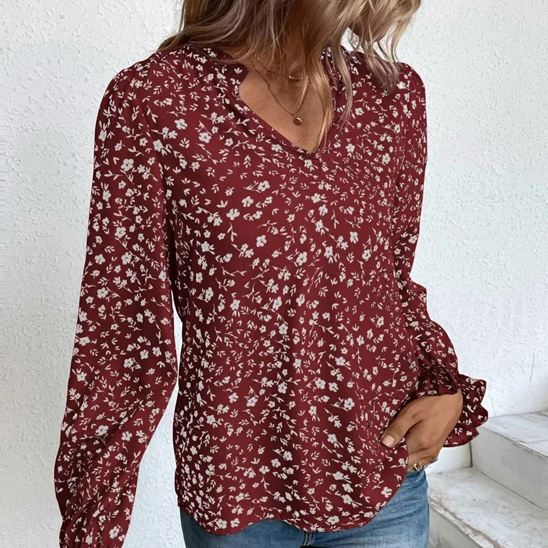 

Casual Loose Chiffon Shirts Women Tops Long Sleeve V Neck Print Shirts New Fashion Floral Blouse Sweet Ruffles Clothes 28421