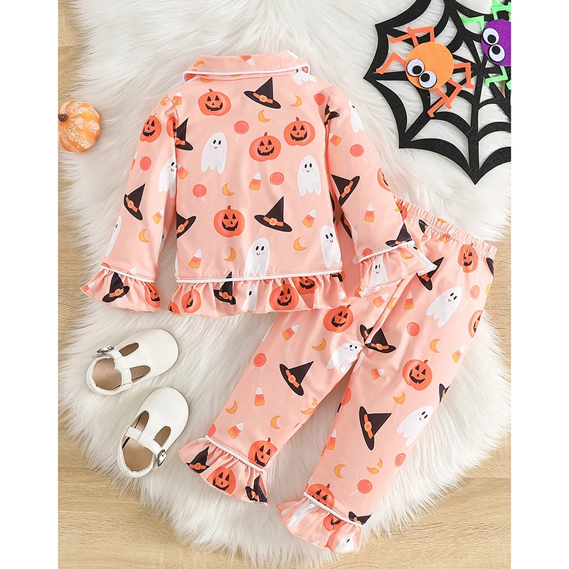 Girls Halloween Ruffled Pajama Sets Lapel Neck Button-up Tops Long Pant Pumpkin Ghost Print Loungewear Set