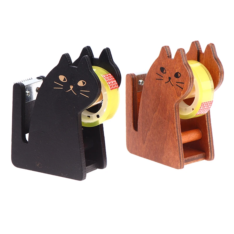 Tape Dispenser Cartoon Cat Wooden Tape Cutter Holder Roller Tape Dispenser