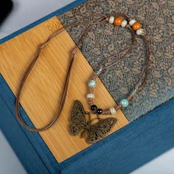 Vintage Bohemian Ethnic Style Handmade Braided Butterfly Necklace, Ceramic and Alloy Materials 2X839C