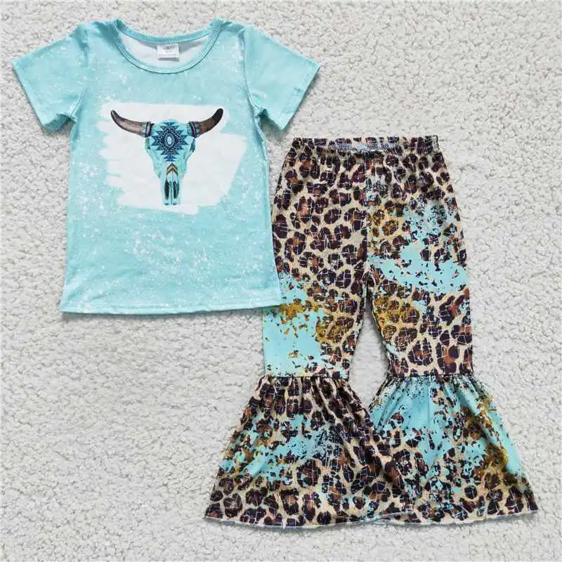 Z1011-23 Wholesale Summer Short Sleeve Pants Suit Flared Pants Multi-Element Round Neck Pattern Bright Colors
