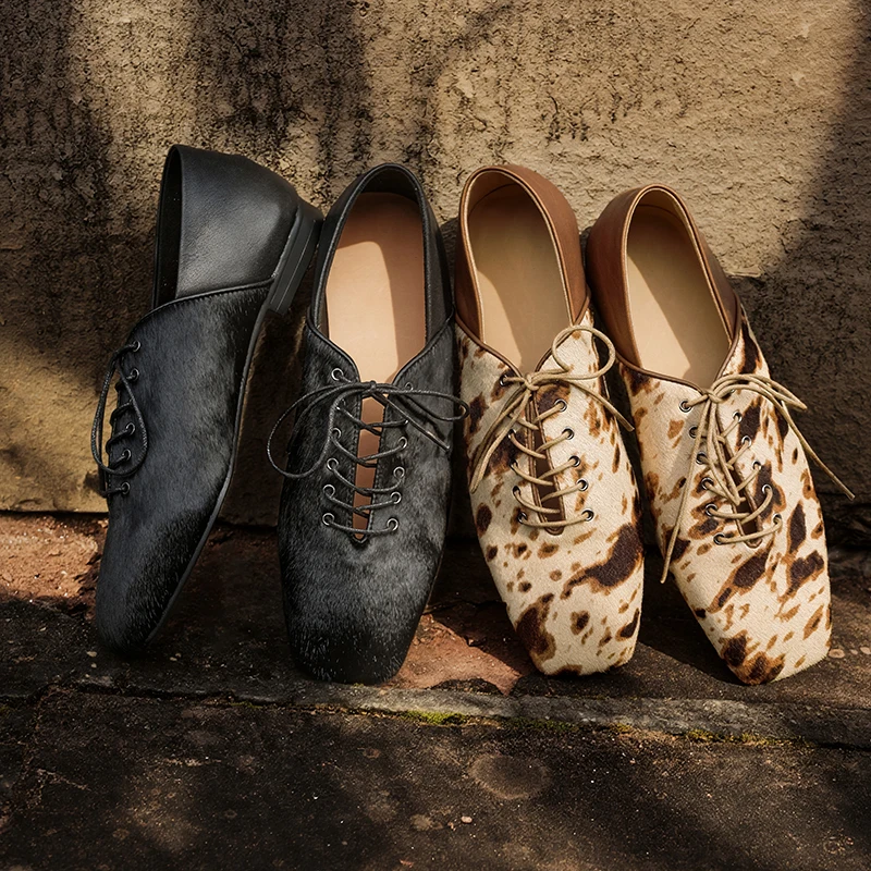 

Pony Hair 2026 New French Niche Square Toe Low Heel Lace Up Roman Pumps Vintage Loafers Minimalist Dressy Shoes for Women