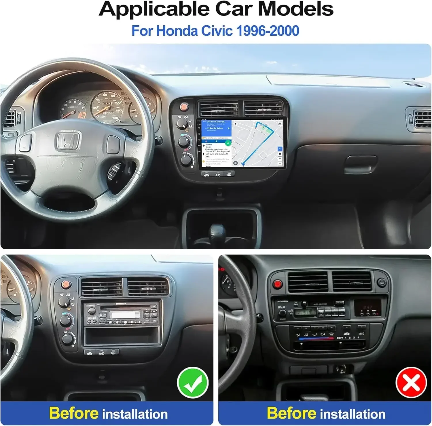 لـ 1996-2001 Honda Civic Android13 نظام ملاحة داخل السيارة 9in مدمج مع CarPlay + Android Auto/2 + 32GB/AHD كاميرا/ميكروفون #2