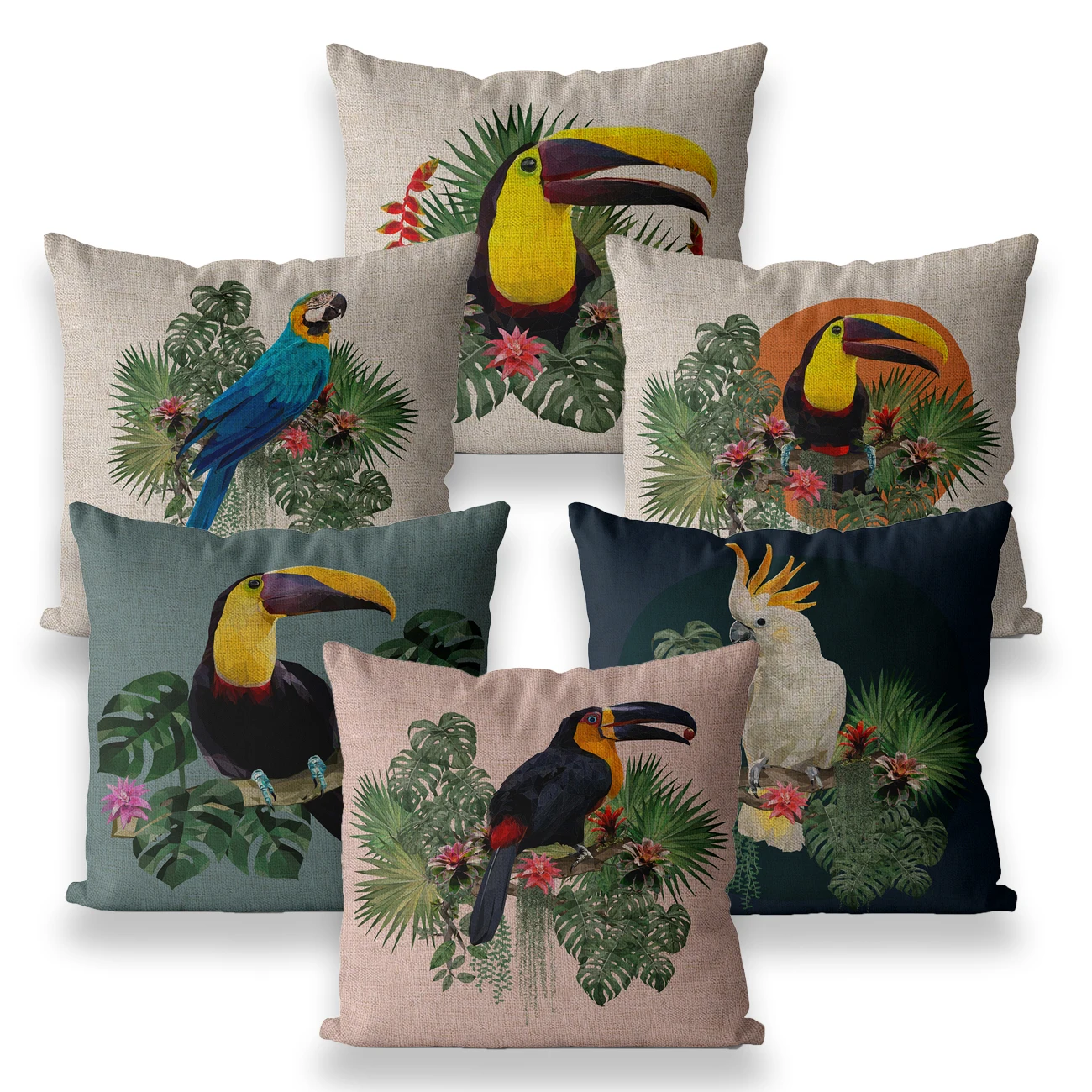 Decorative cushion cover for pillow, animal, parrot, tropical, forest, plant, leaves, linen, Green, 40x40, 45x45, outdoor