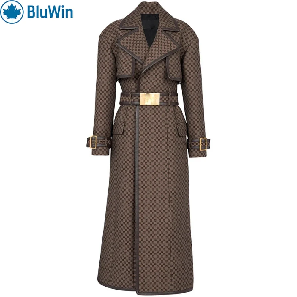 

BluWin Elegant Brown Checkered Trench Coat – Gold Belt Detail for a Chic, Timeless Look
