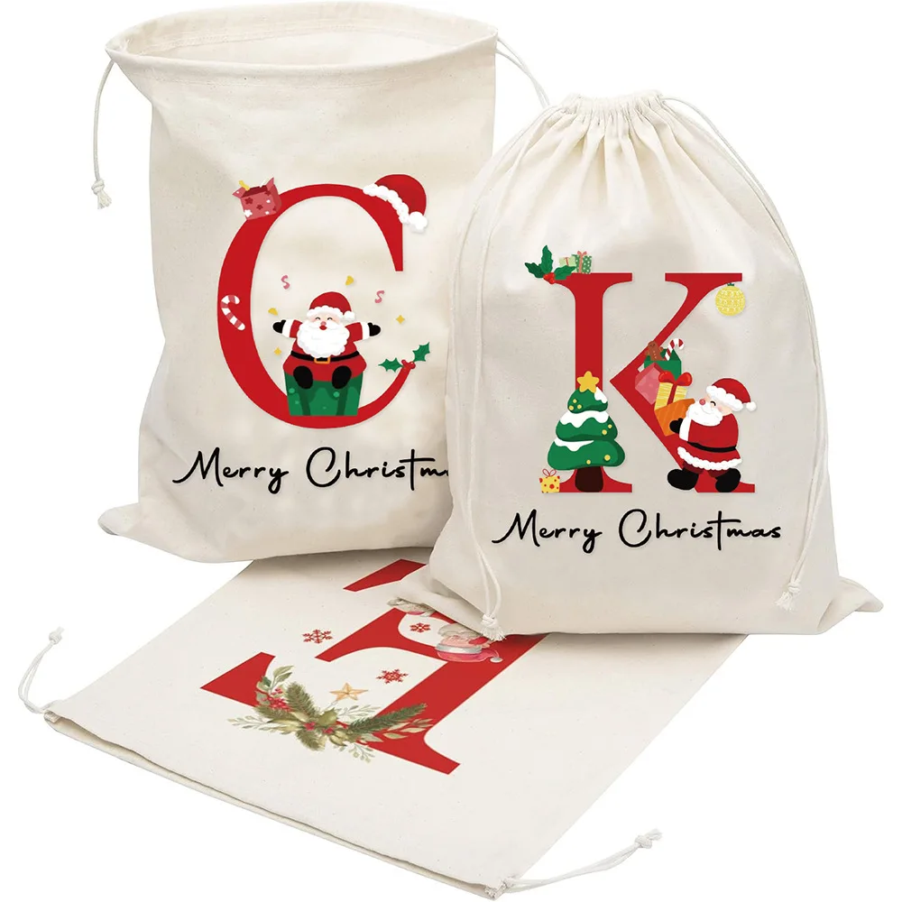 10pcs/Lot 30*40cm Santa Claus Letter Cotton Fabric Bag Big Draw String Bags Christmas Gift Storage Pouch
