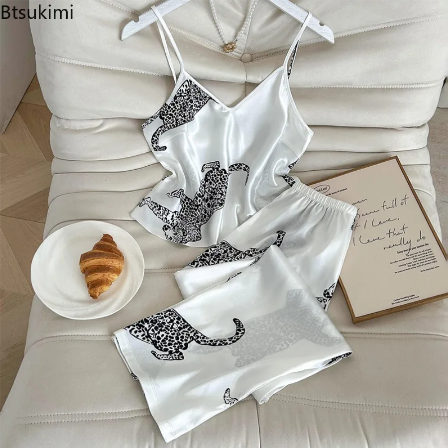 2026 Summer Women's Sexy Pajamas Leopard Print Suspenders Trousers Set Fashion Simulation Silk Senior Sense of Home Wear Pajamas
