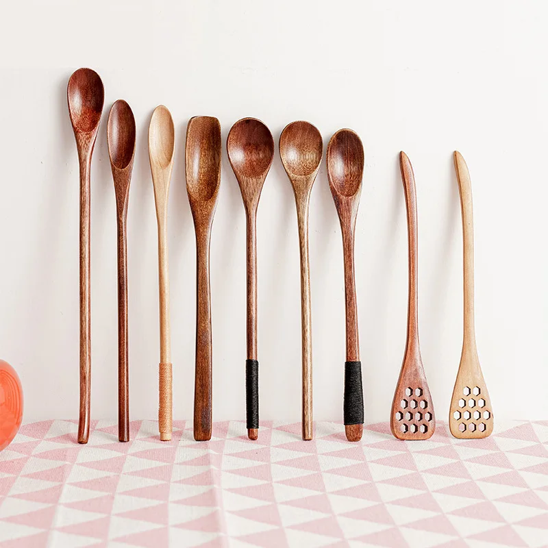 Wooden Long Handle Spoon Coffee Tea Stirring Spoons Dessert Honey Soup Cutlery Japanese Style Kitchen Tools Tableware Dinnerware