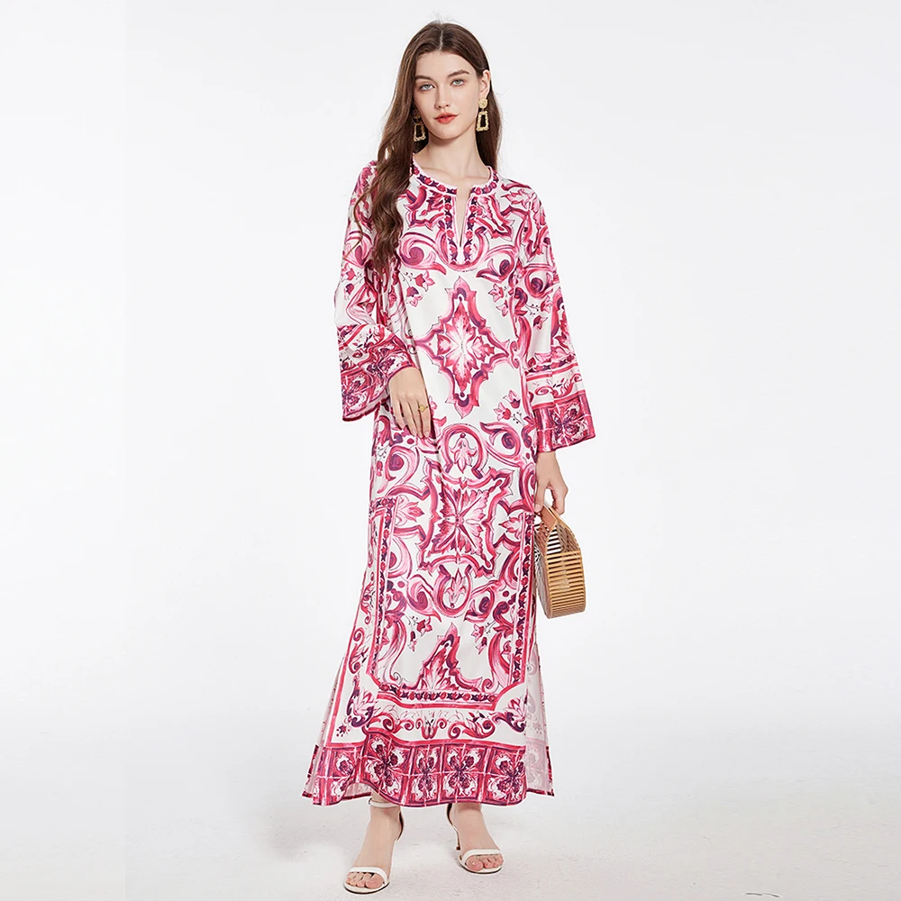 

Fashion Autumn Runway Long Dress Women Red Blue and White Porcelain Printing Side Split Bohemian Loose Maxi Dresses Robes
