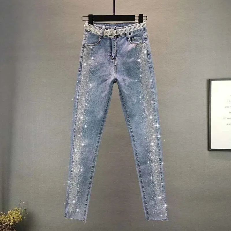 

Autumn Streetwear Women Vintage Blue Slim Diamonds High Waisted Jeans Ankle-length Denim Pants Trousers P32