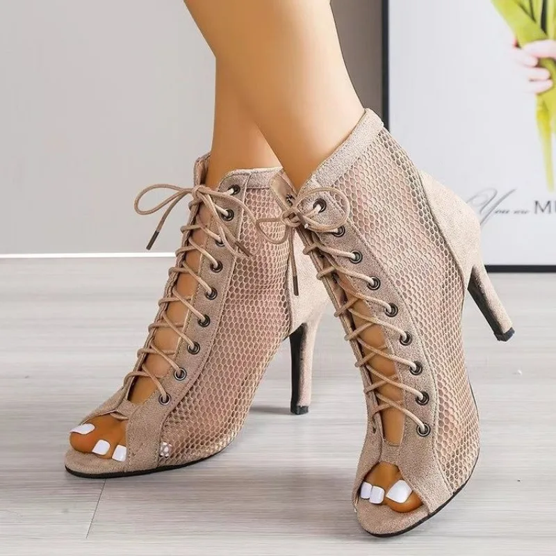 Sandales Ajourées à Talons en Maille et Ceinture pour Femme, Bottes Sexy et Ouvertes à Lacets, Beige, Stiletto, Jazz, brev, Soirée, Été