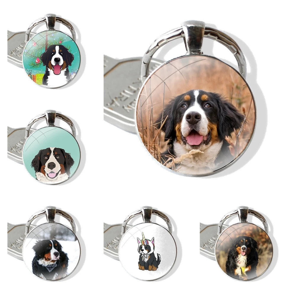 Bernese Mountain Dog Keychain Handmade Glass Cabochon Key Ring Holder Pendant Key Chains