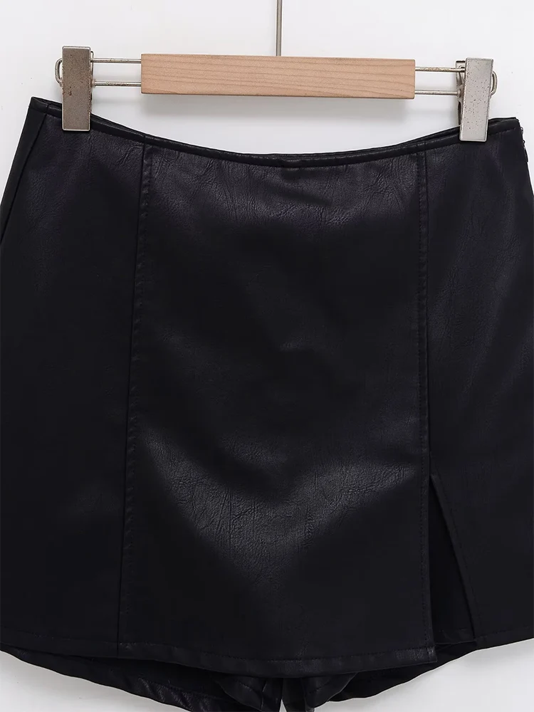 유럽 스타일 신상 여성 패션 다용도 심플 단색 인조 가죽 치마바지